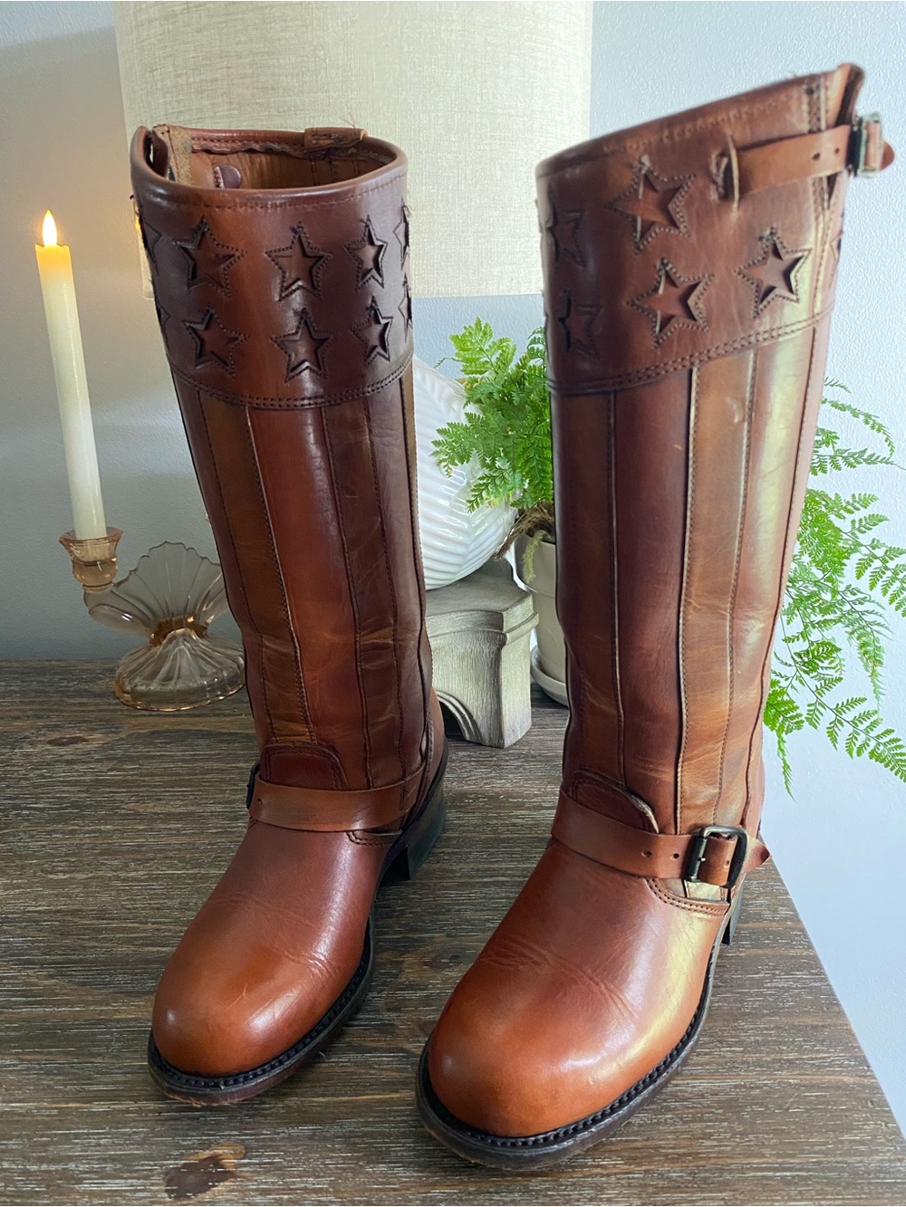 RARE Frye Engineer Americana Ltd Ed Anniversary Leather Tall Boots Women 7.5 Tan - Picture 11 of 16